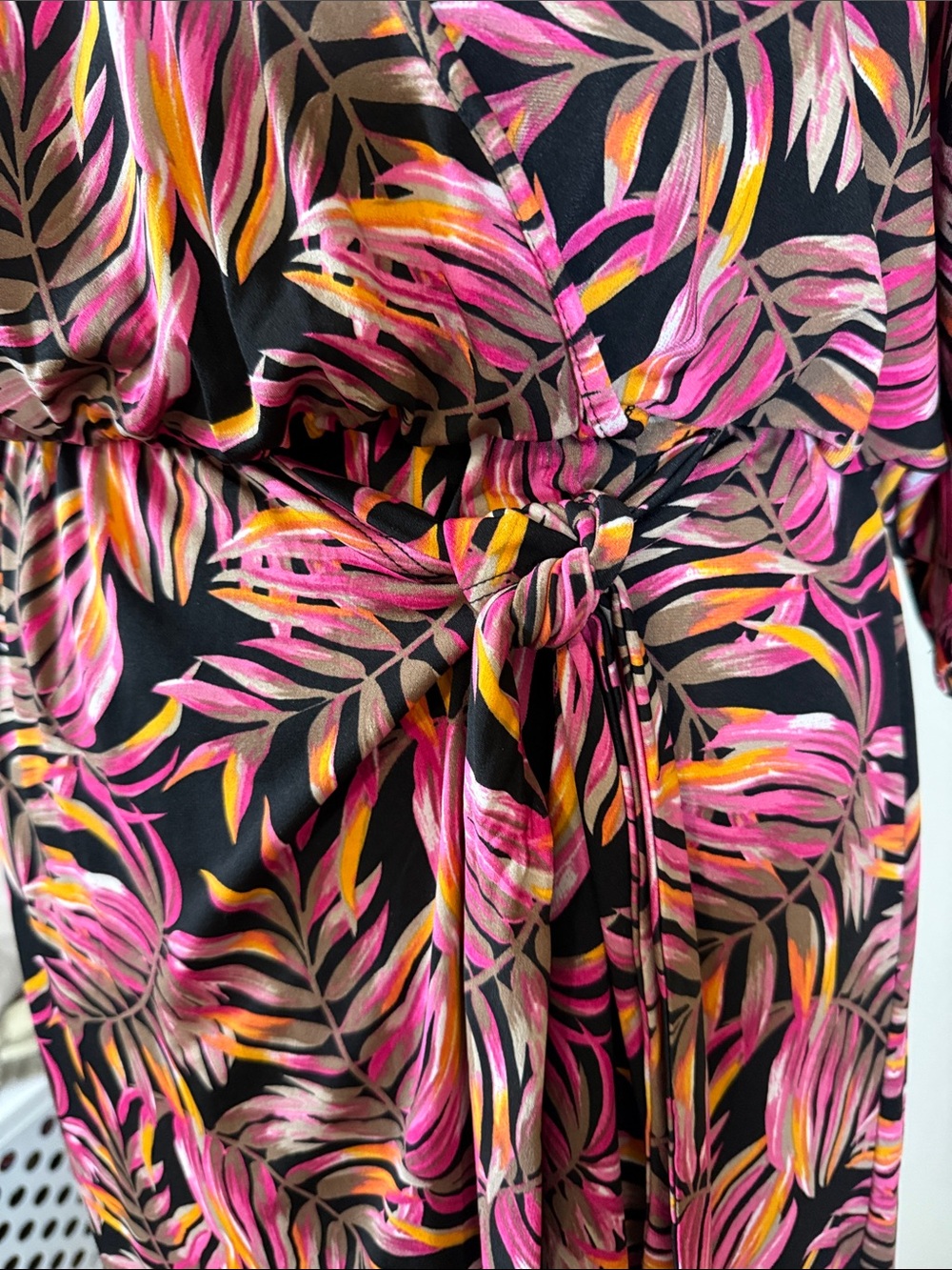 Ashley Stewart Black Maxi Faux Wrap Dress with Pink Orange Leaf Print - Picture 4 of 10